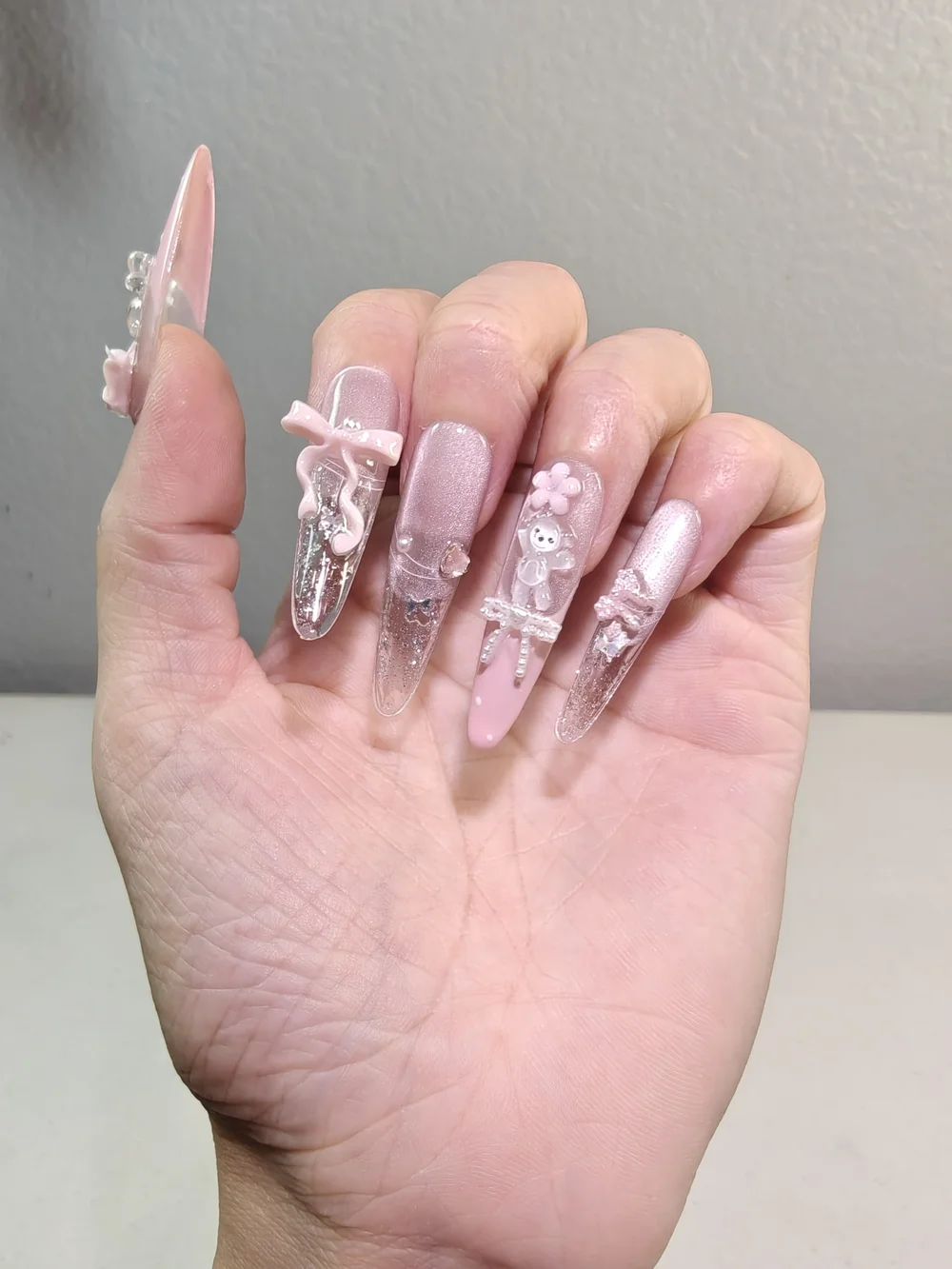 Cute Coquette Pink Glitter Long Almond Press On Nails With 3D Bow Bear Charms
